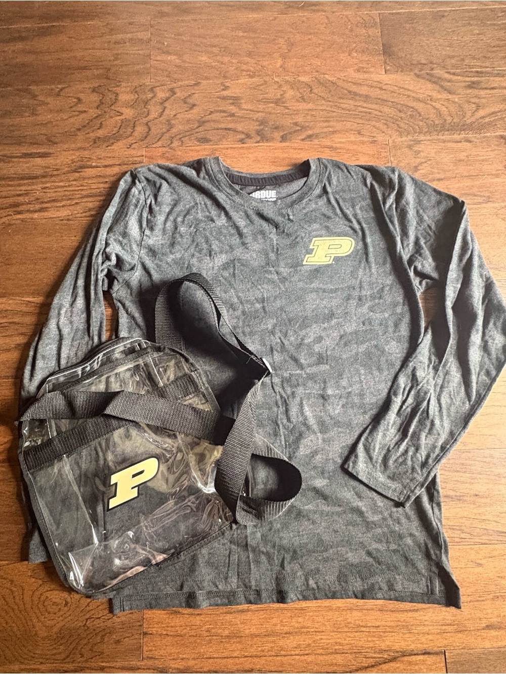 Purdue Long Sleeve Tee with Clear Logo Crossbody Bag - Black & Gold